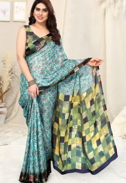 Digital Printed Chiffon Saree in Light Blue