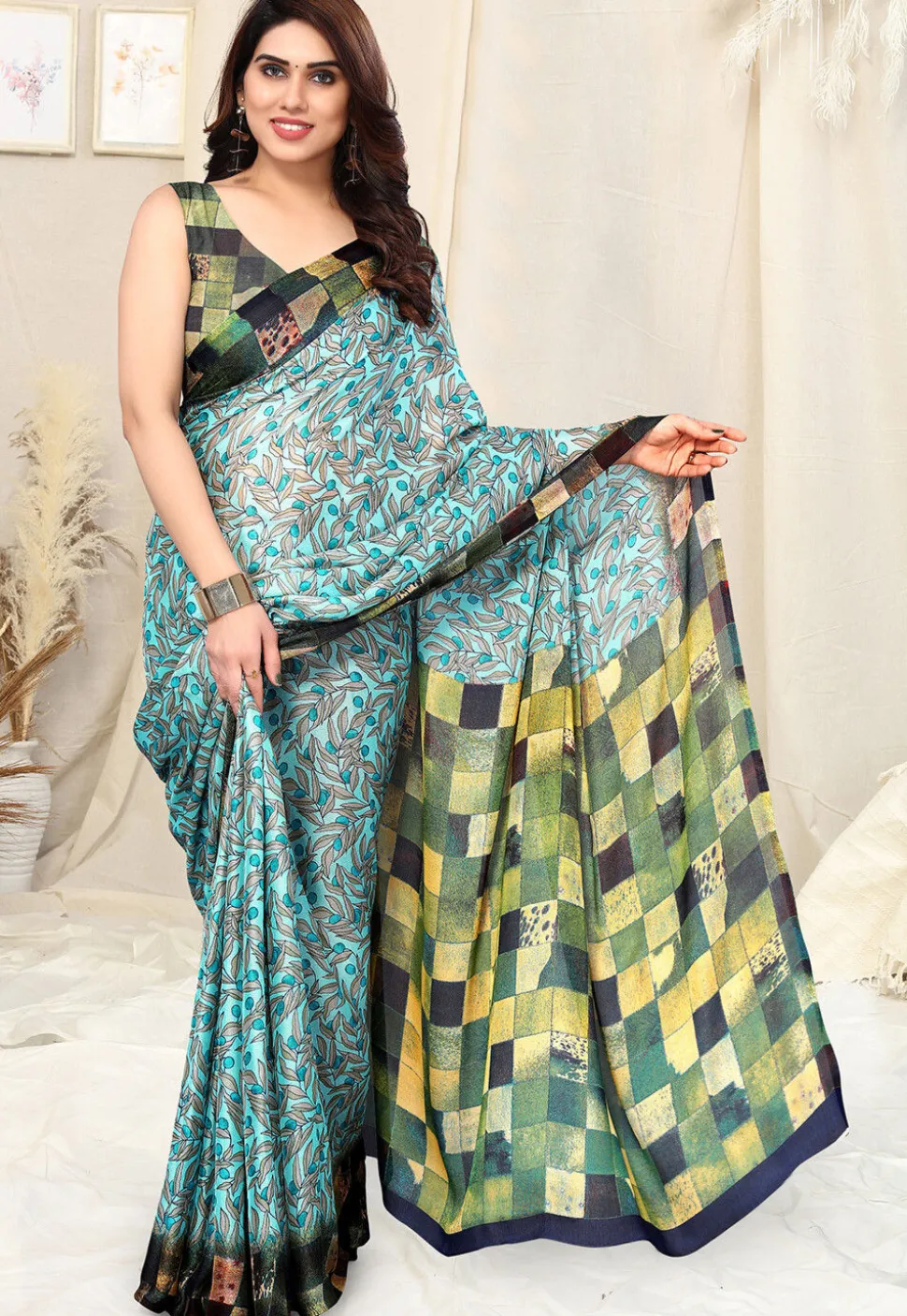 Digital Printed Chiffon Saree in Light Blue