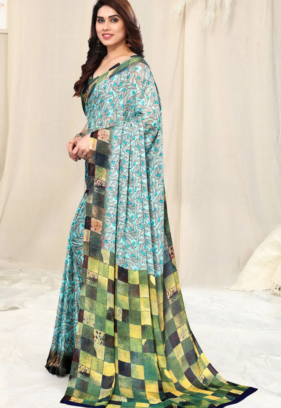 Digital Printed Chiffon Saree in Light Blue