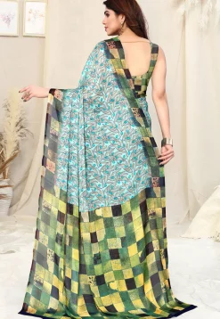 Digital Printed Chiffon Saree in Light Blue