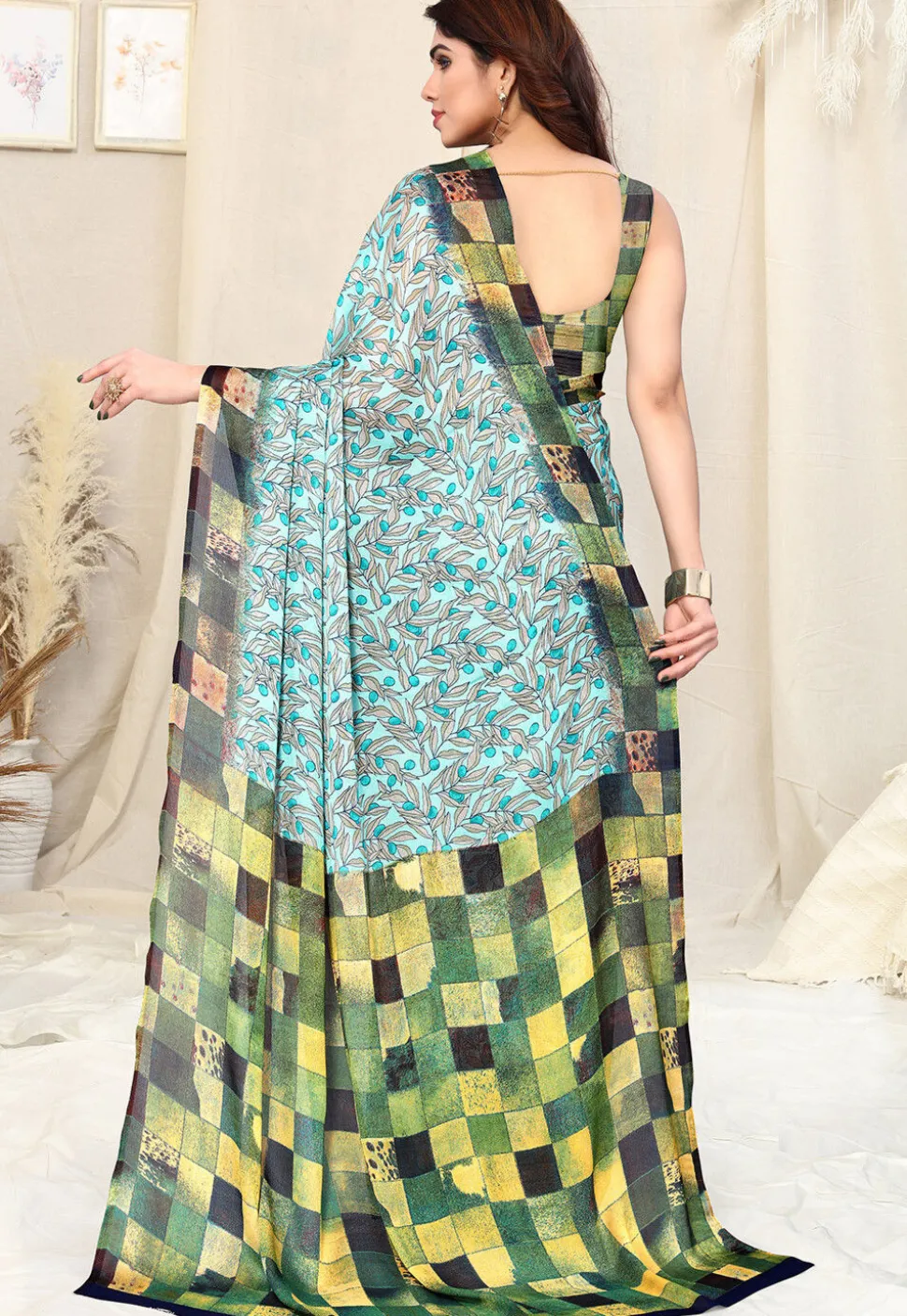 Digital Printed Chiffon Saree in Light Blue