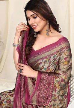 Digital Printed Chiffon Saree in Beige