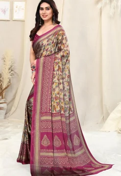 Digital Printed Chiffon Saree in Beige