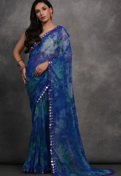 Digital Printed Chiffon Saree in Royal Blue
