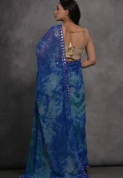 Digital Printed Chiffon Saree in Royal Blue