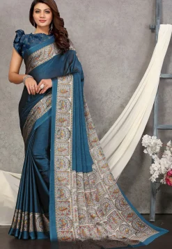 Digital Printed Chiffon Saree in Teal Blue