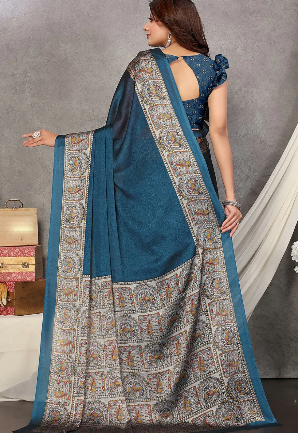 Digital Printed Chiffon Saree in Teal Blue