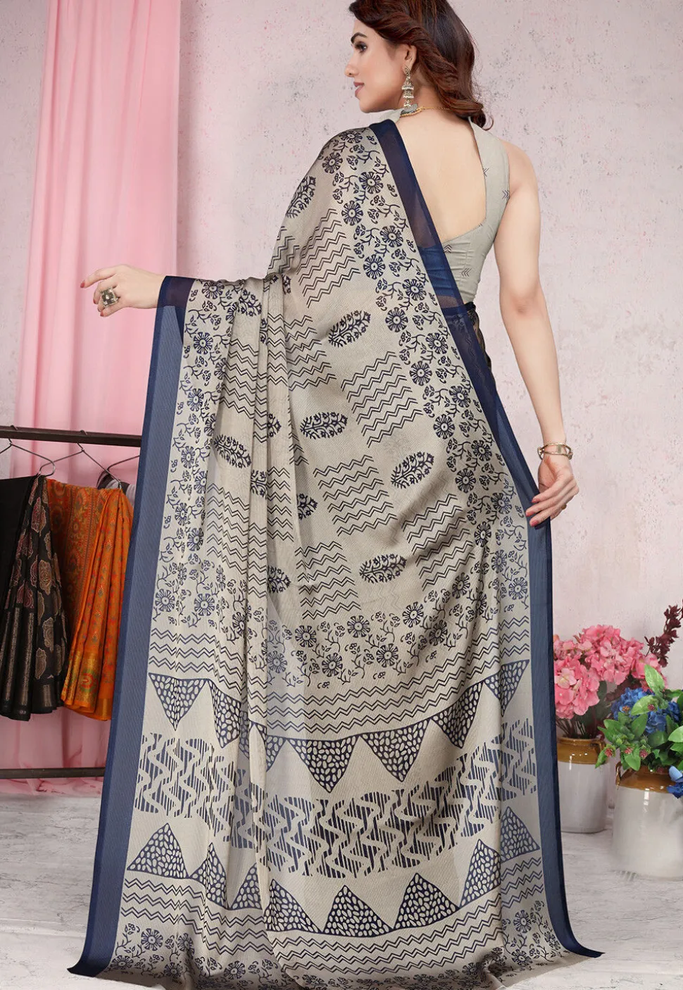 Digital Printed Chiffon Saree in Grey