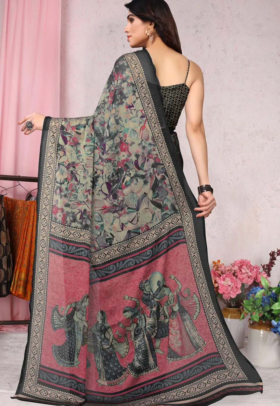 Digital Printed Chiffon Saree in Grey