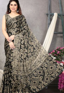 Digital Printed Chiffon Saree in Black and Beige