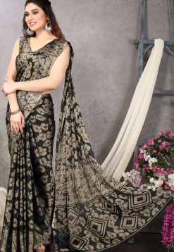 Digital Printed Chiffon Saree in Black and Beige