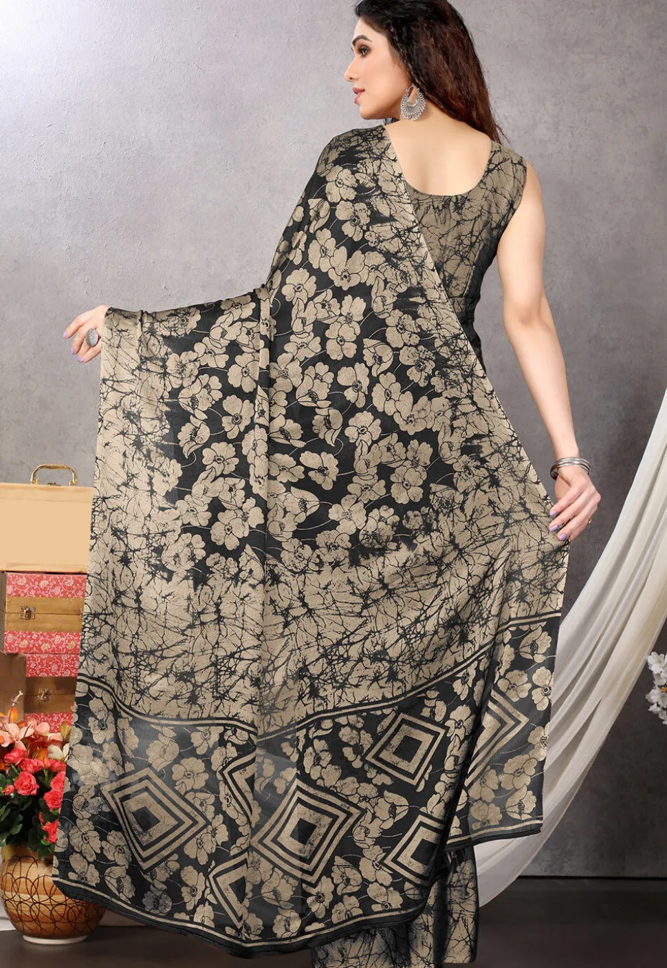 Digital Printed Chiffon Saree in Black and Beige