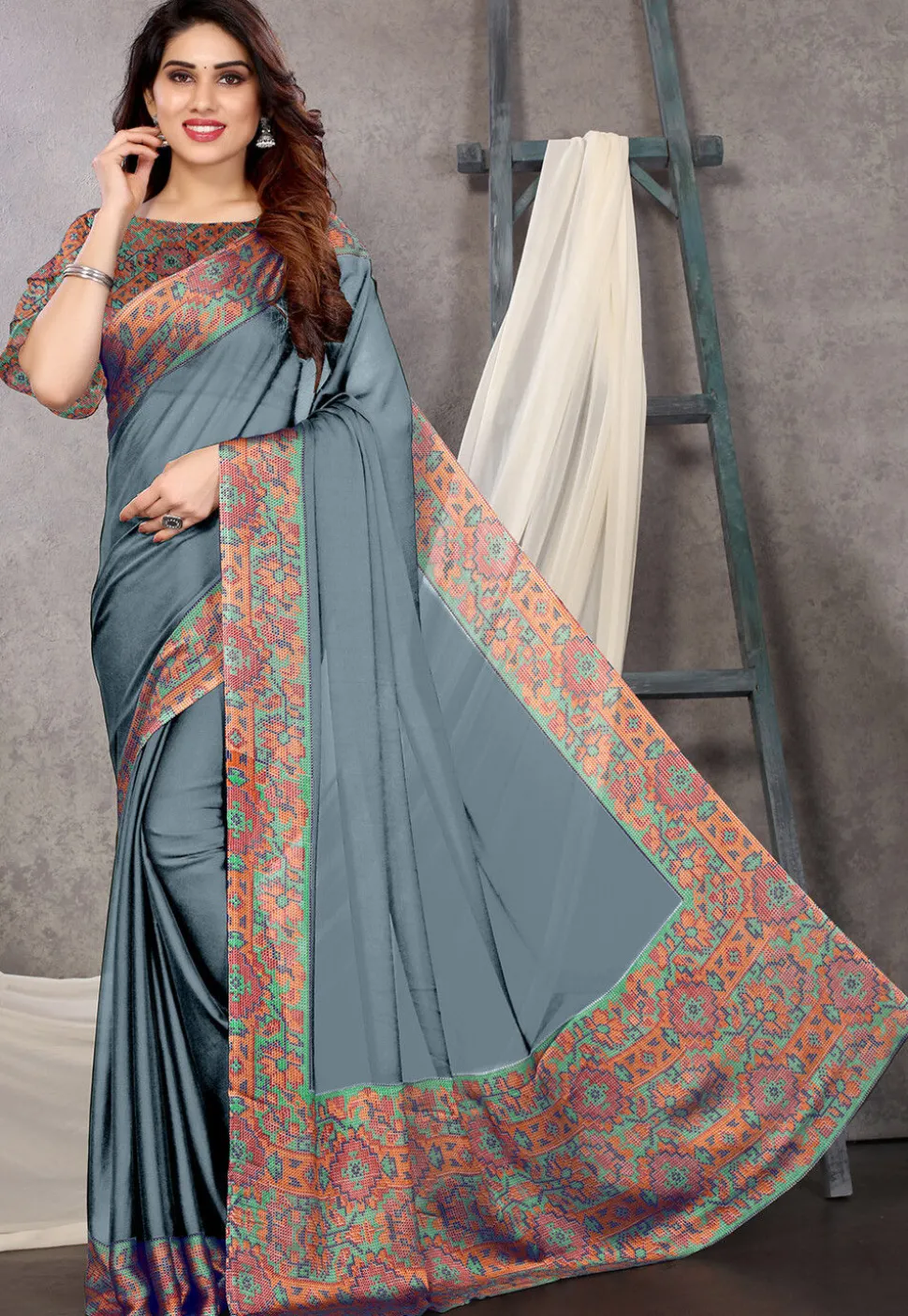 Digital Printed Chiffon Saree in Grey