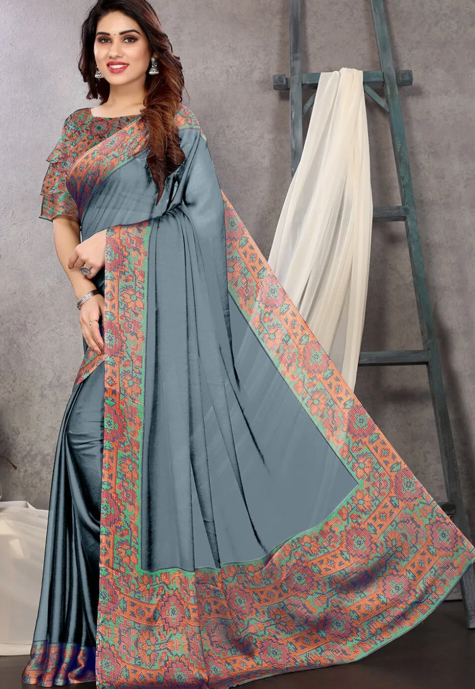 Digital Printed Chiffon Saree in Grey