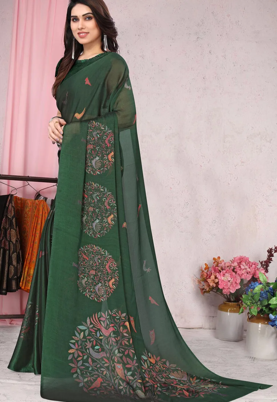 Digital Printed Chiffon Saree in Green
