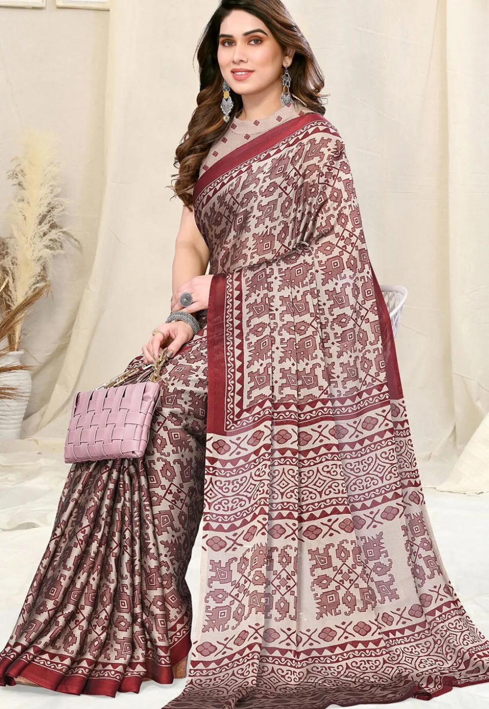 Digital Printed Chiffon Saree in Beige and Maroon