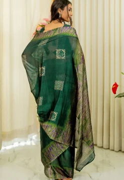 Digital Printed Chiffon Saree in Dark Green
