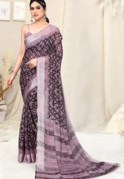 Digital Printed Chiffon Saree in Black and Purple