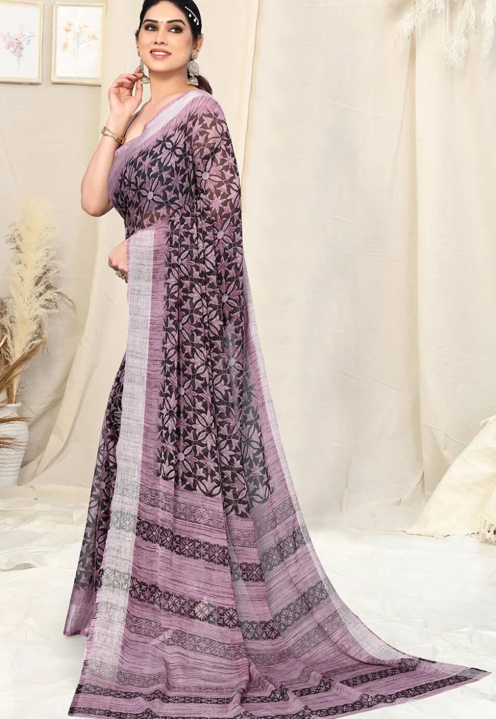 Digital Printed Chiffon Saree in Black and Purple