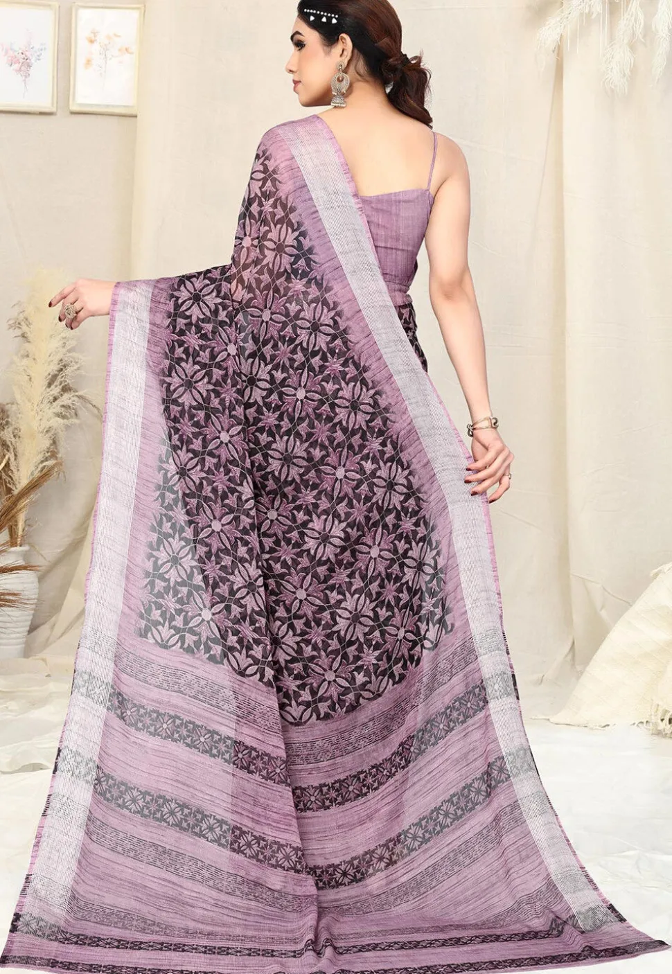 Digital Printed Chiffon Saree in Black and Purple