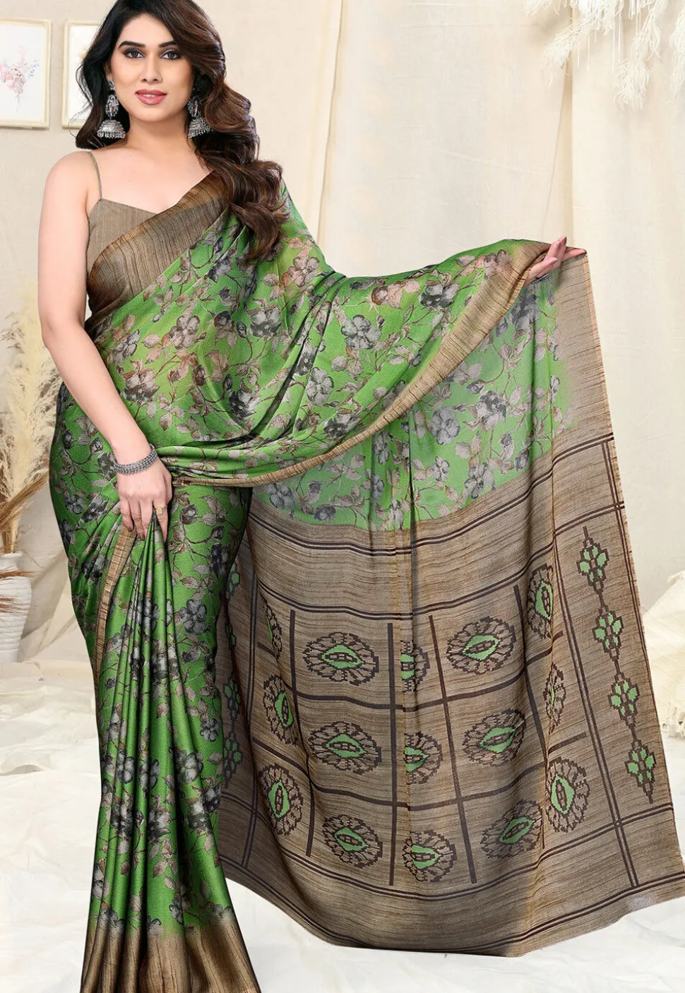 Digital Printed Chiffon Saree in Light Green