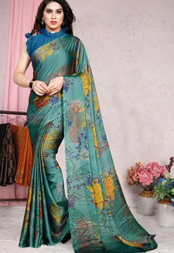 Digital Printed Chiffon Saree in Turquoise