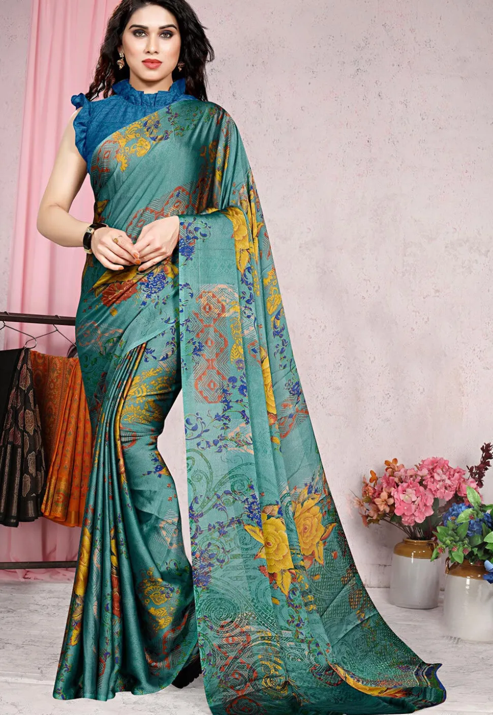 Digital Printed Chiffon Saree in Turquoise