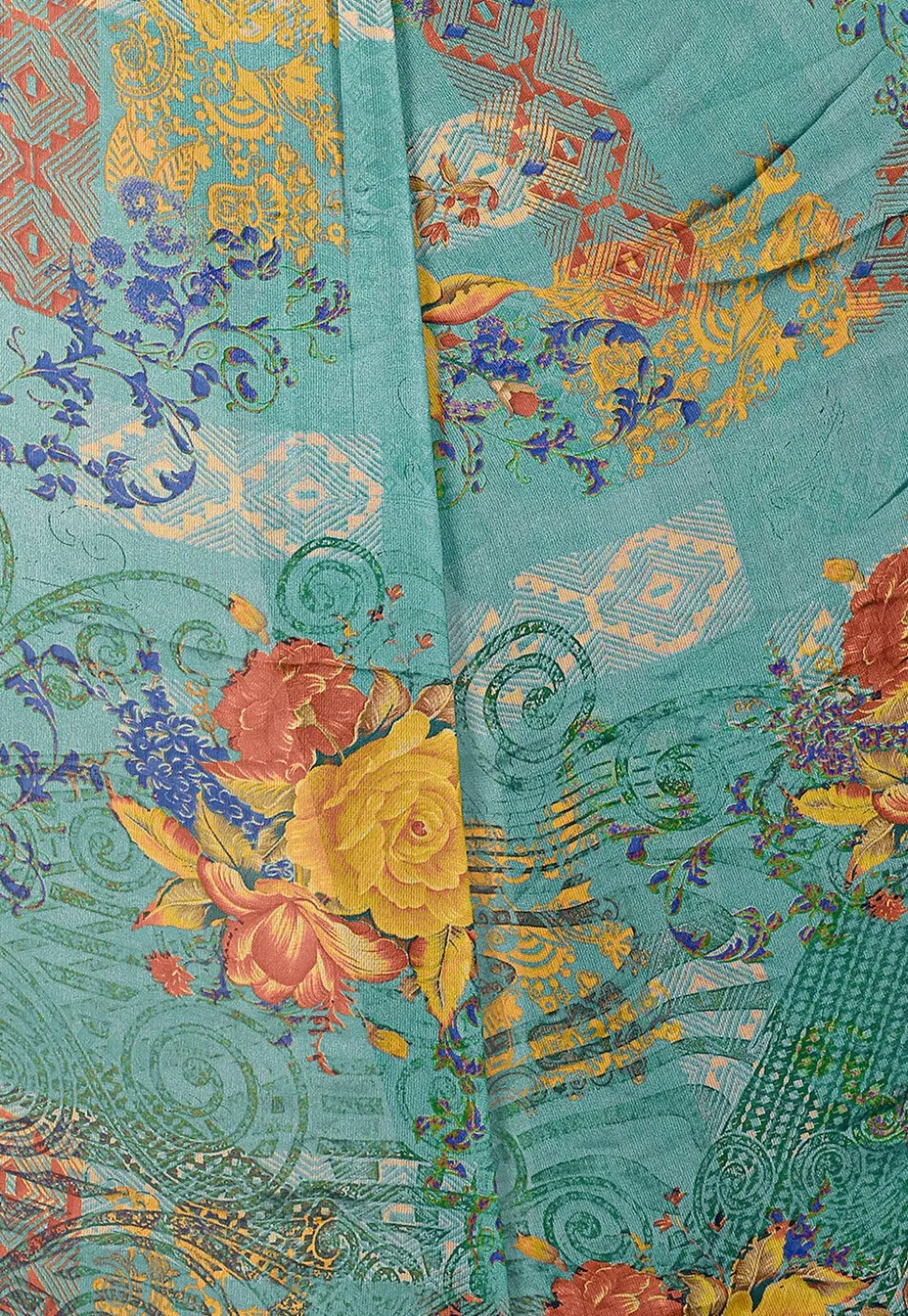Digital Printed Chiffon Saree in Turquoise