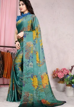 Digital Printed Chiffon Saree in Turquoise