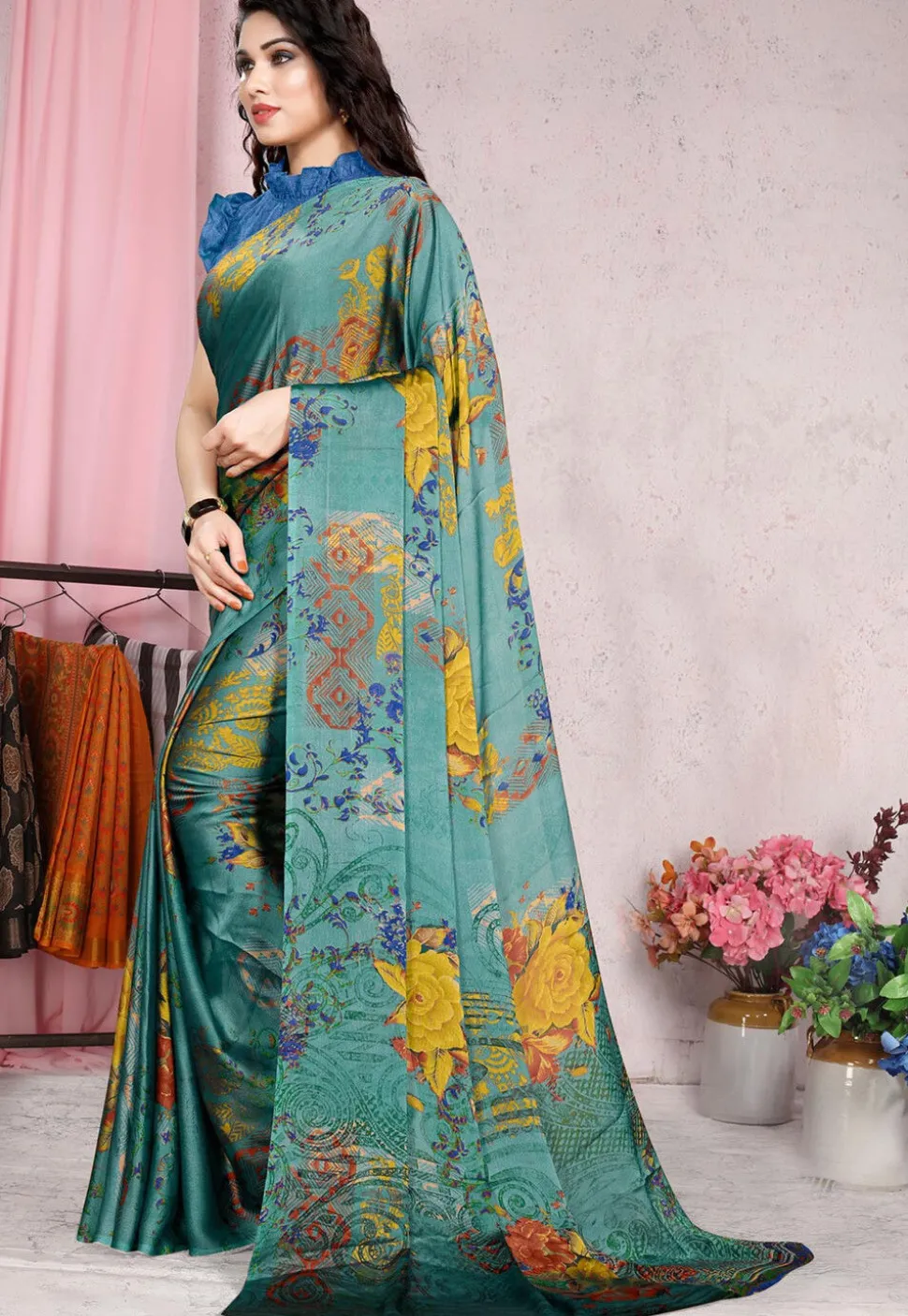 Digital Printed Chiffon Saree in Turquoise