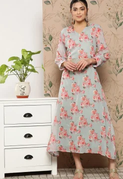 Digital Printed Chiffon Silk Midi Dress in Grey