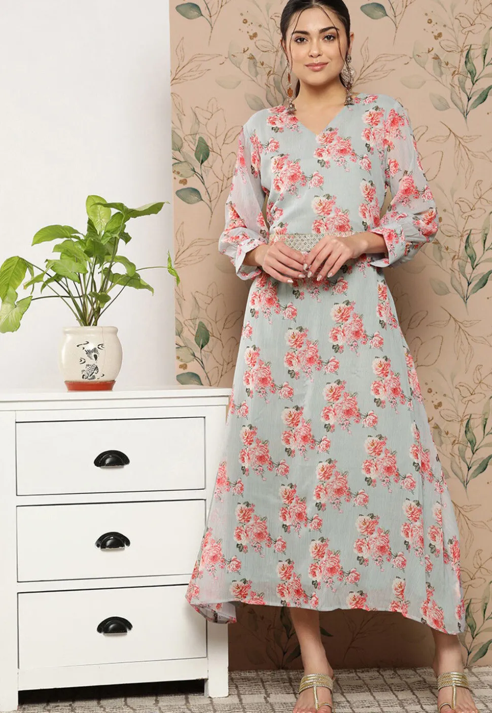 Digital Printed Chiffon Silk Midi Dress in Grey