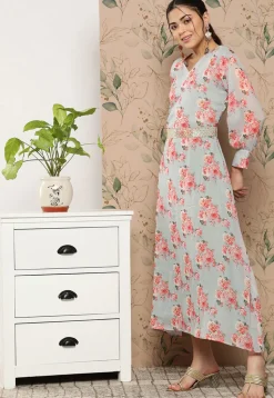 Digital Printed Chiffon Silk Midi Dress in Grey