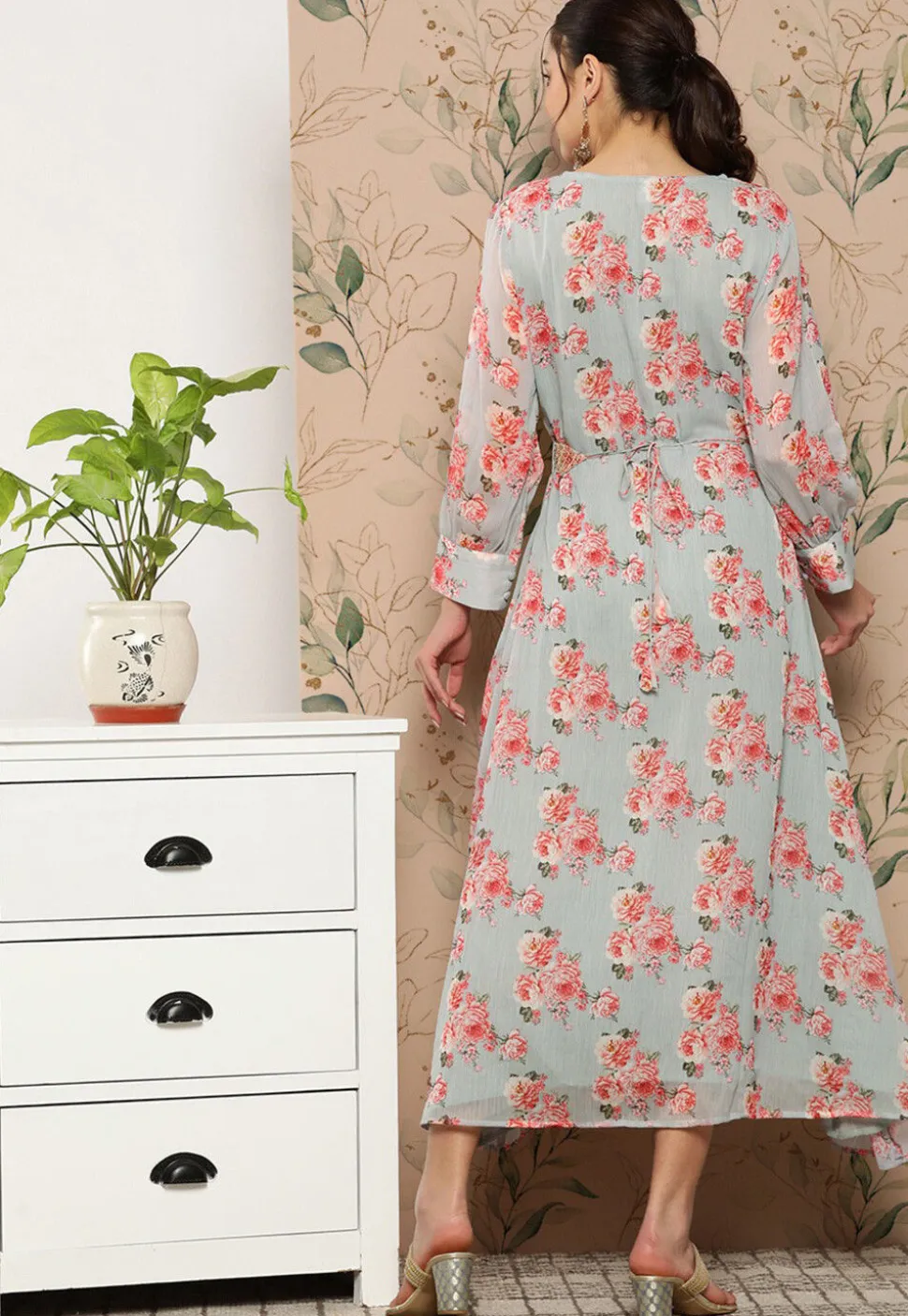 Digital Printed Chiffon Silk Midi Dress in Grey