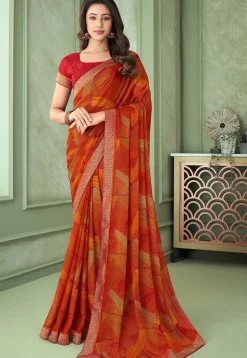 Digital Printed Chiffon Saree in Orange