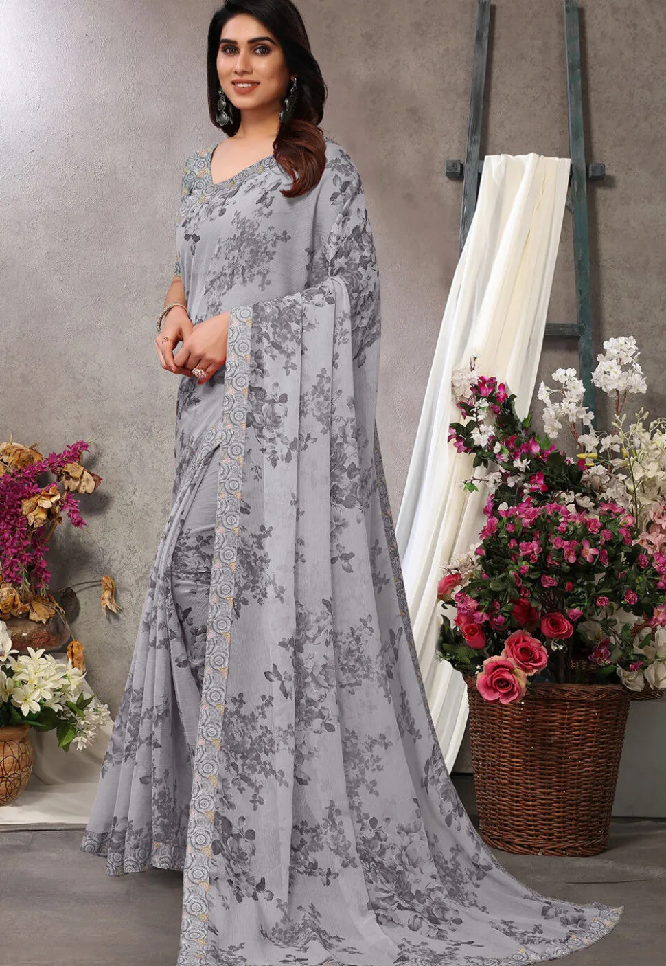 Digital Printed Chiffon Saree in Grey