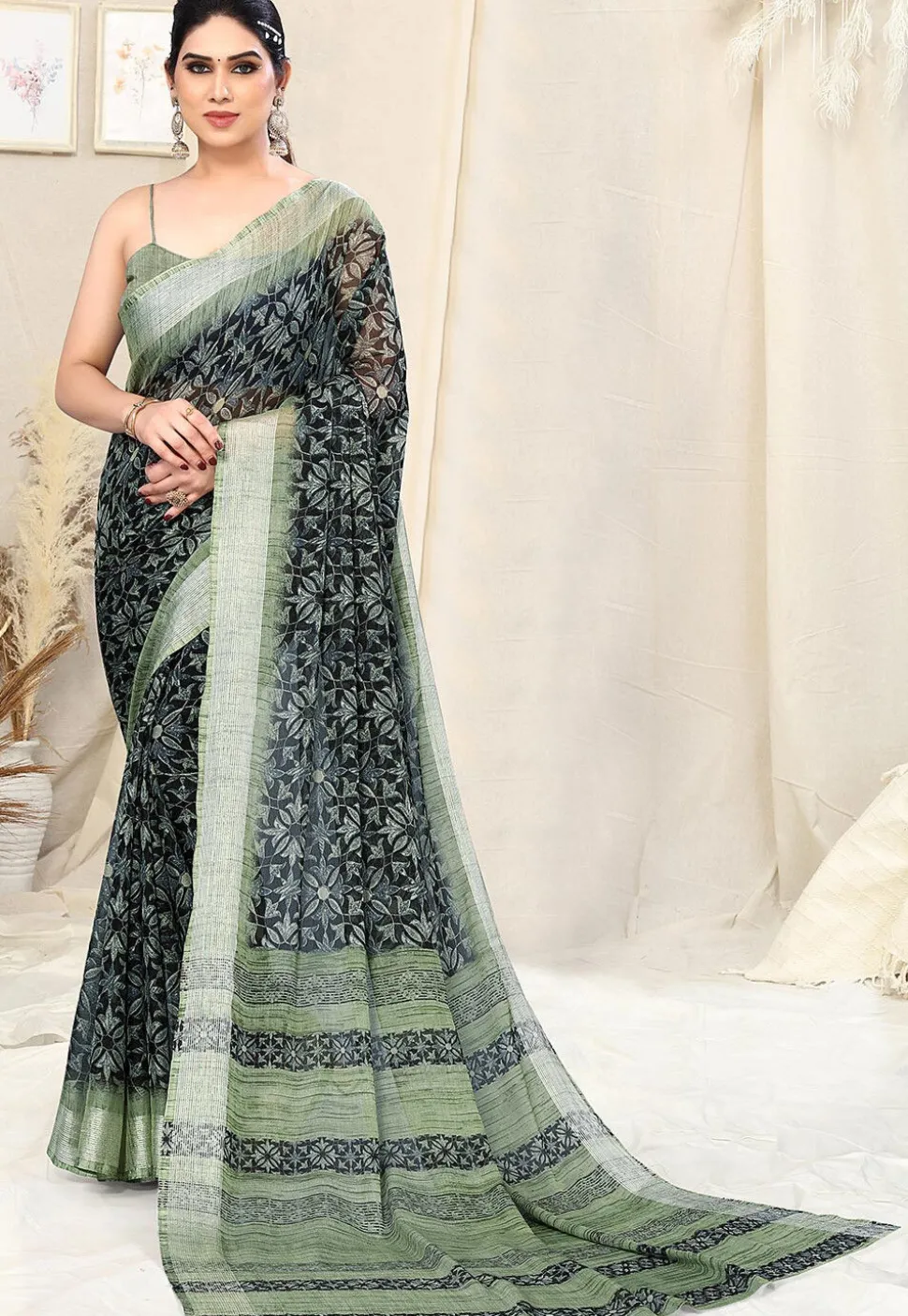 Digital Printed Chiffon Saree in Black