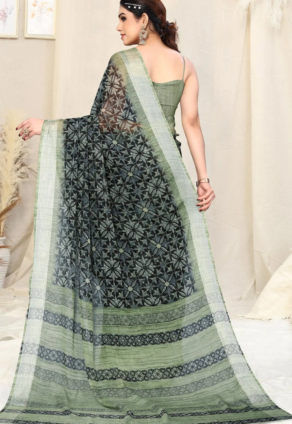 Digital Printed Chiffon Saree in Black