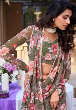 Digital Printed Chiffon Saree in Olive Green