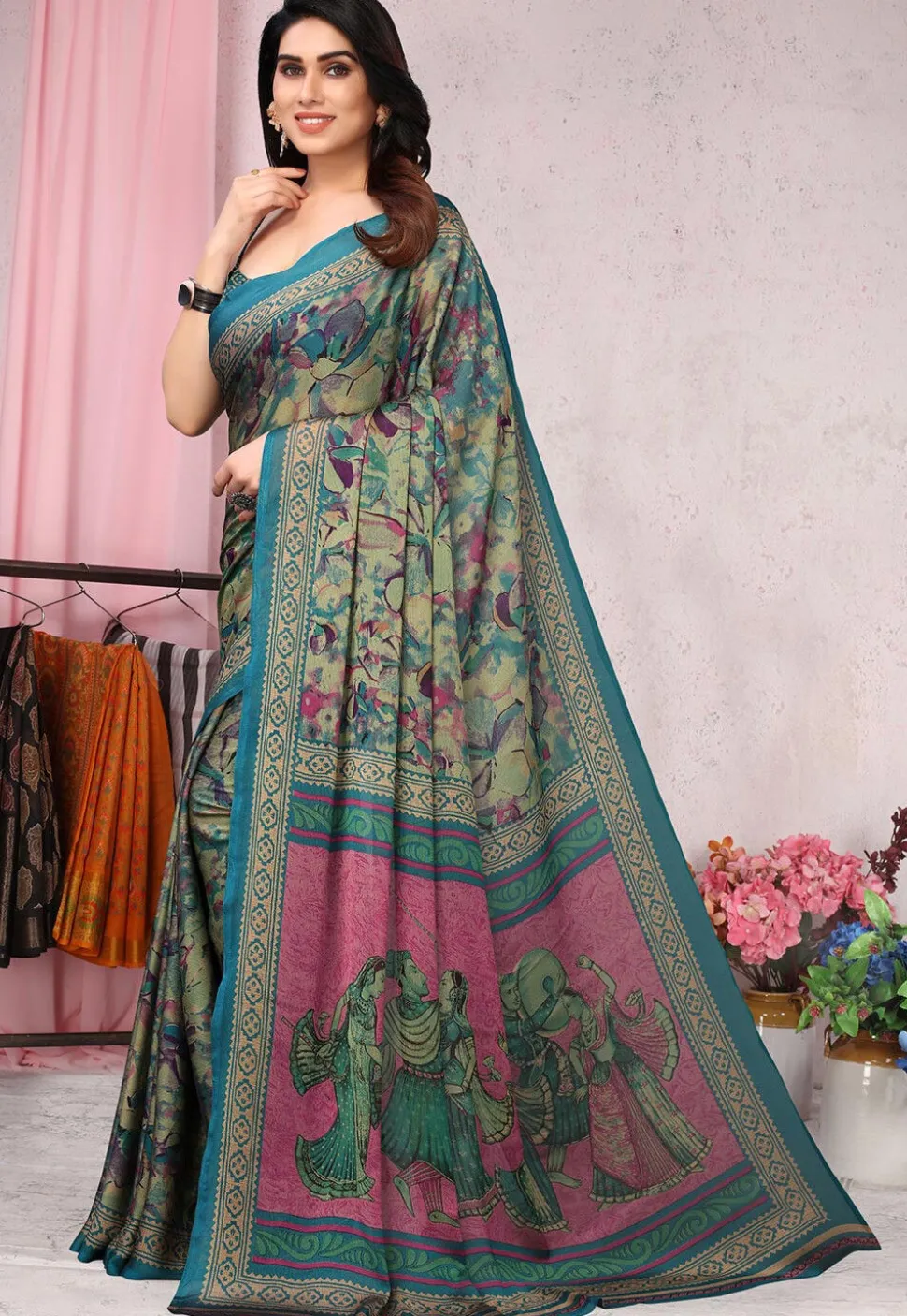 Digital Printed Chiffon Saree in Multicolor