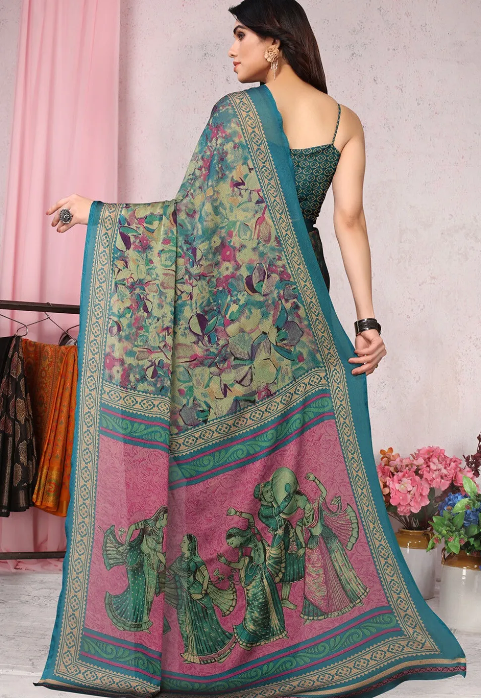 Digital Printed Chiffon Saree in Multicolor