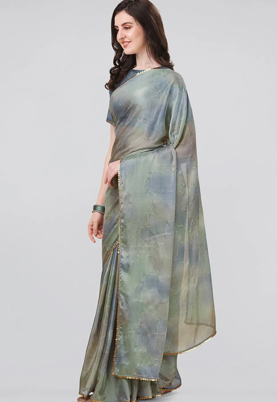 Digital Printed Chiffon Saree in Grey