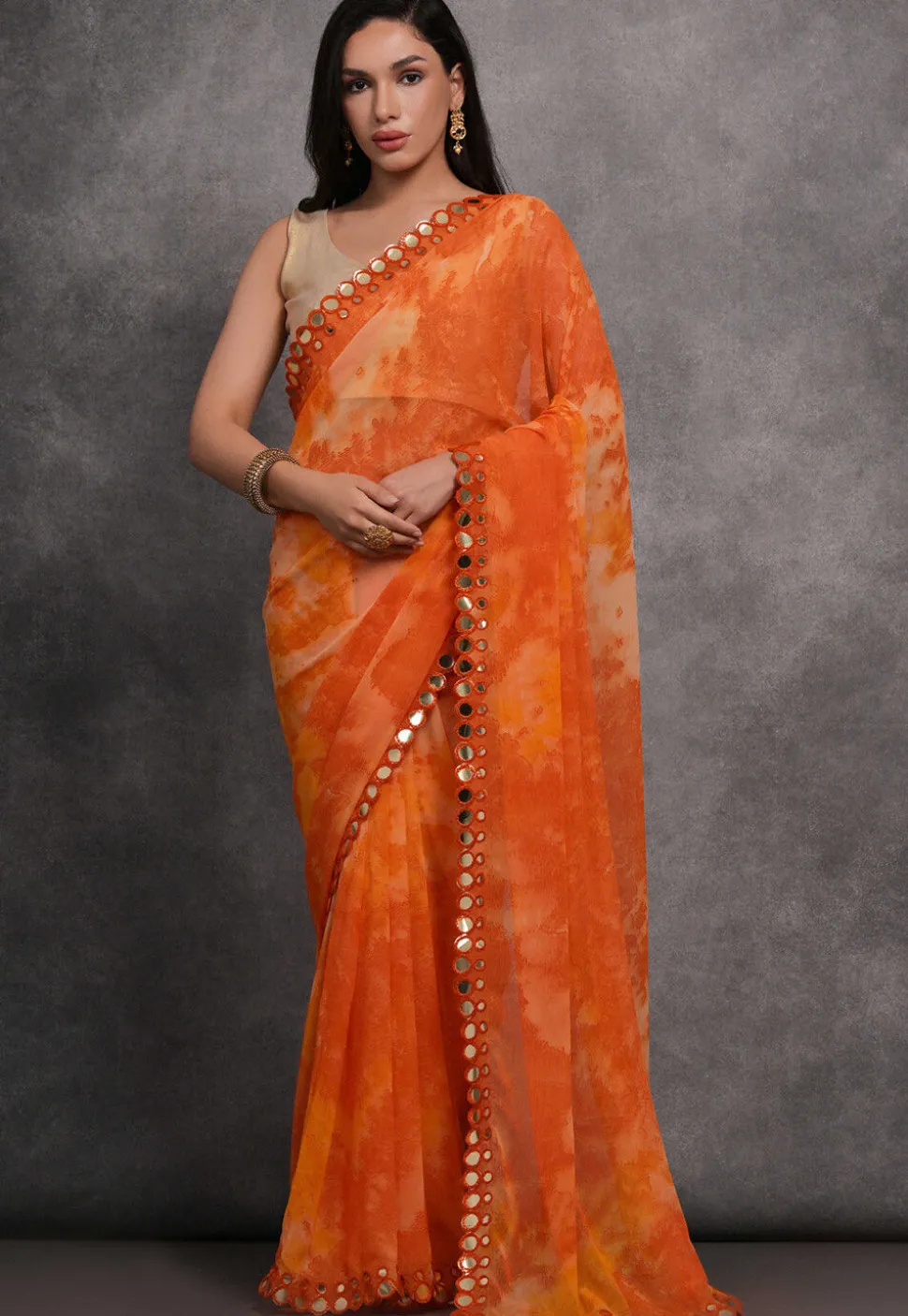 Digital Printed Chiffon Saree in Orange