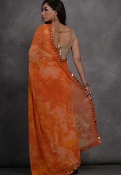 Digital Printed Chiffon Saree in Orange
