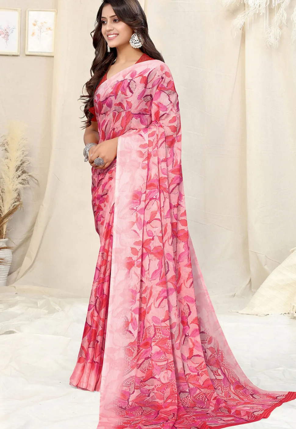 Digital Printed Chiffon Saree in Light Pink