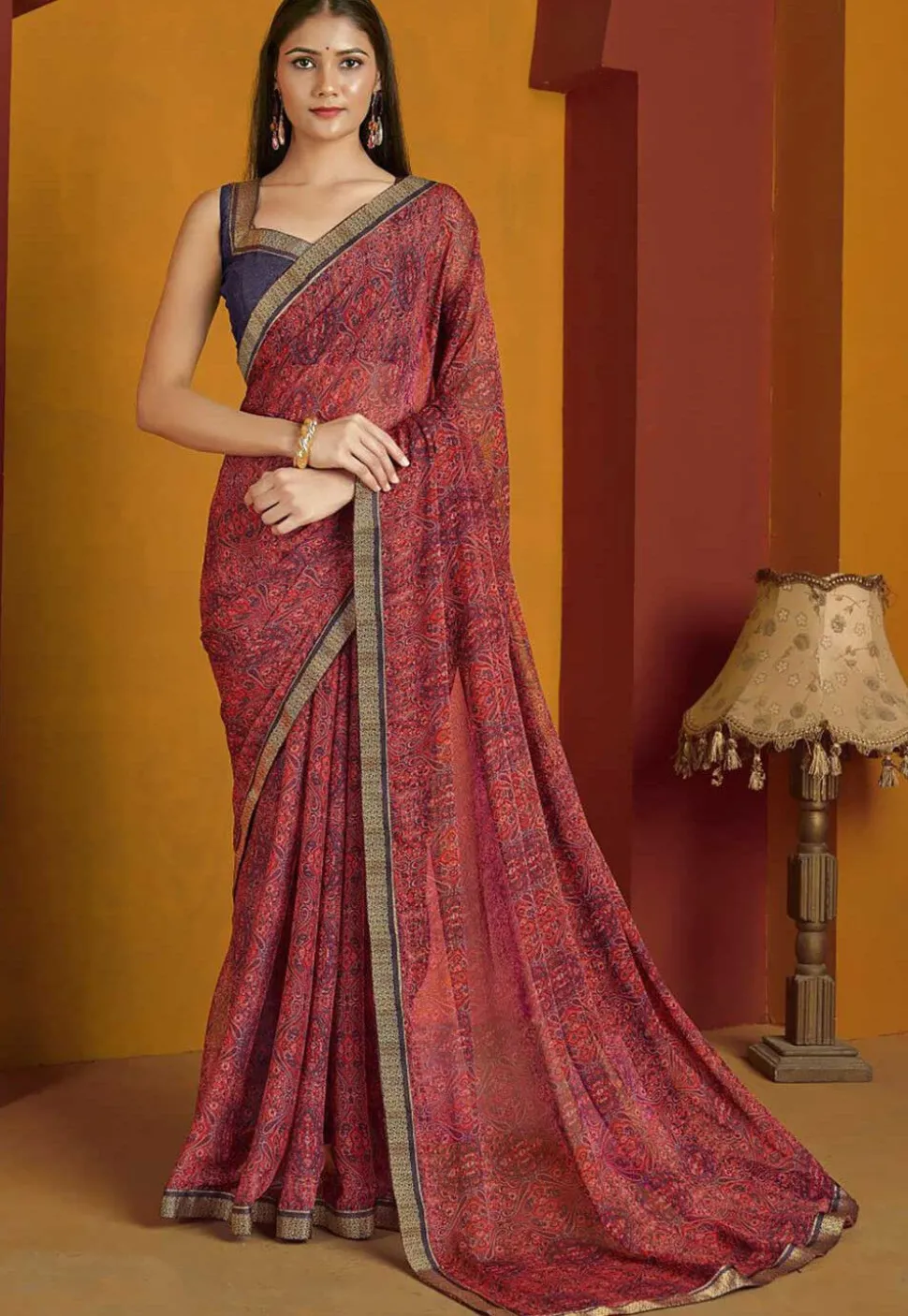 Digital Printed Chiffon Saree in Maroon