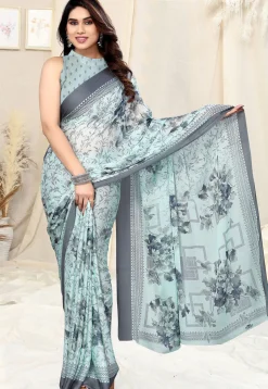 Digital Printed Chiffon Saree in Sky Blue