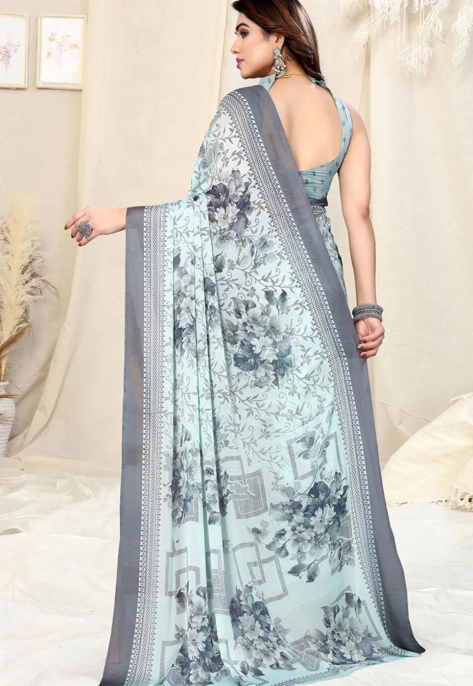 Digital Printed Chiffon Saree in Sky Blue