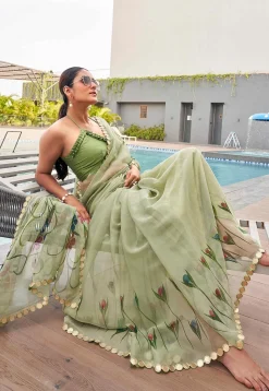 Digital Printed Chiffon Saree in Light Green