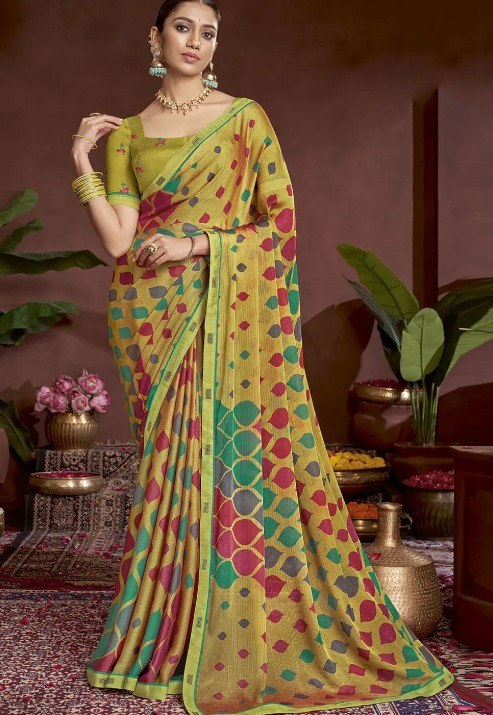 Digital Printed Chiffon Saree in Mustard